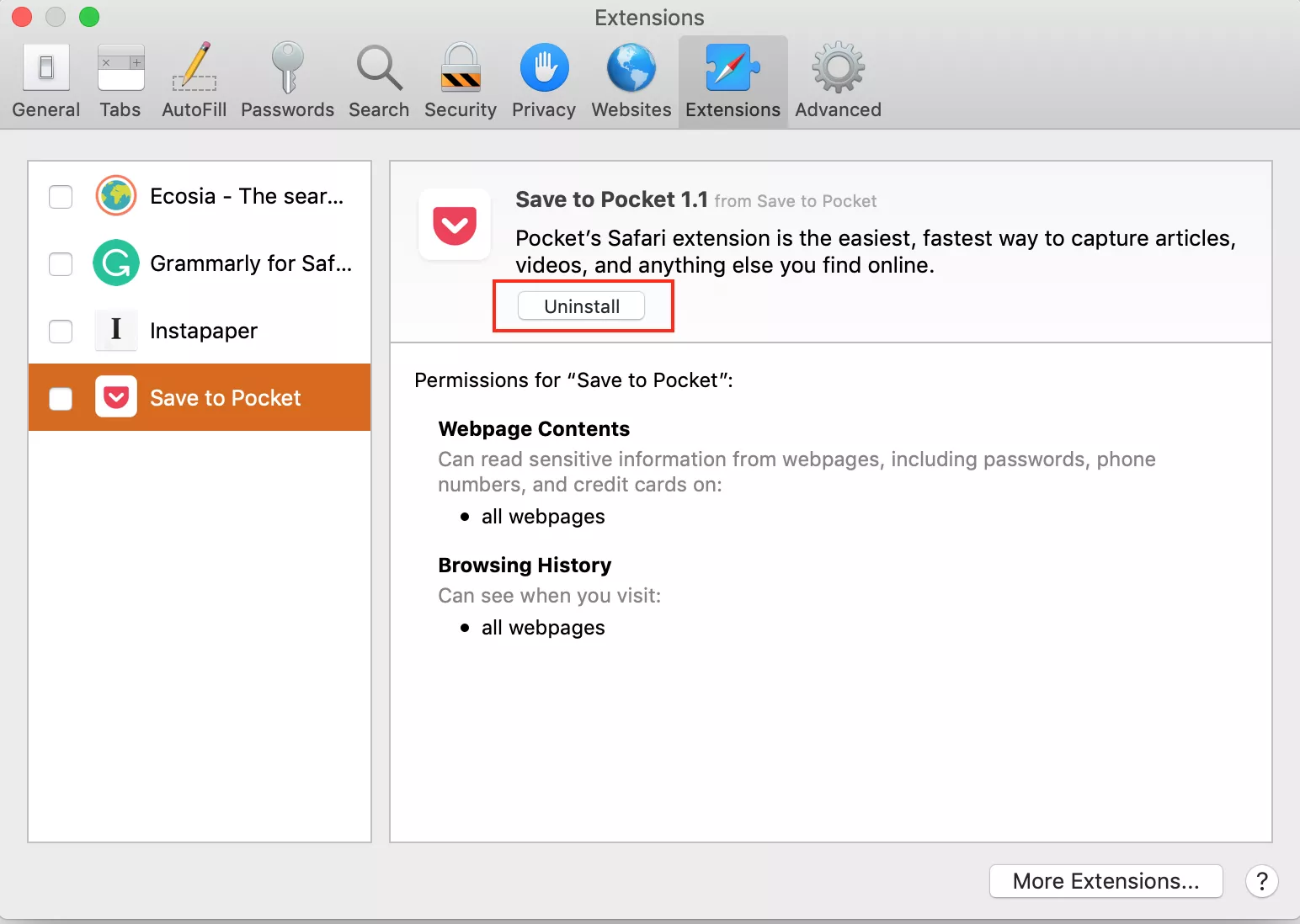 How to remove extensions in Safari