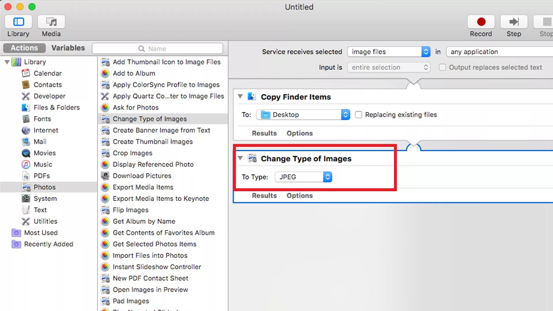 automator change type of images highlighted