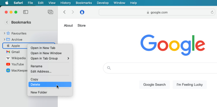 delete bookmarks in Safari