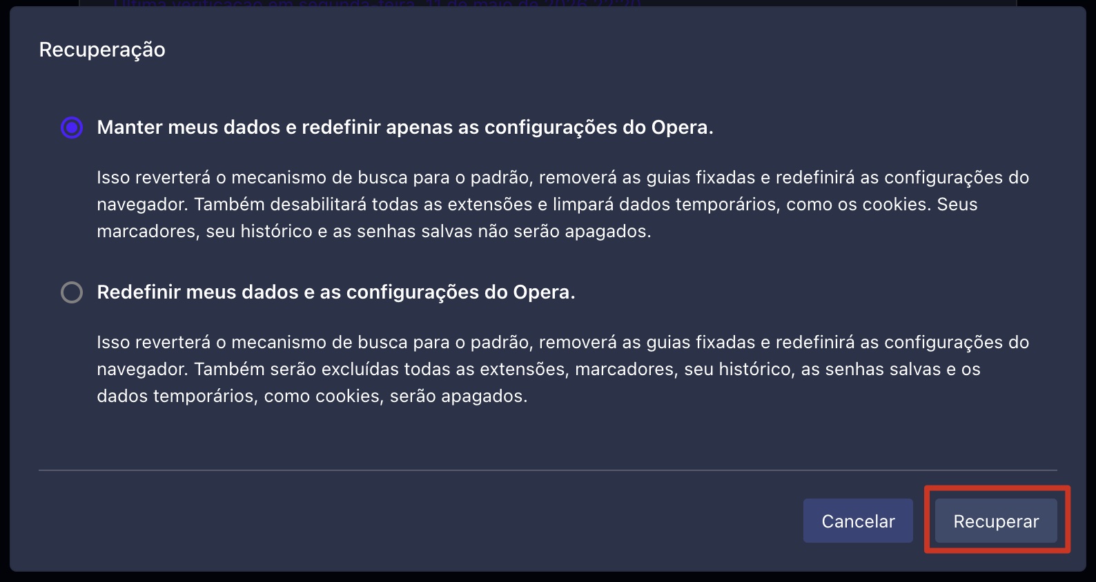Uma caixa de diálogo no Opera no Mac, com duas opções disponíveis para redefinir o Opera. Como redefinir o Opera, um passo em um guia sobre como parar pop-ups falsos do McAfee no Mac.