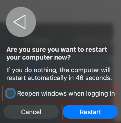 The MacBook shows a Restart pop-up menu. Uncheck the box next to Reopen windows when logging back in to fix widgets not working.
