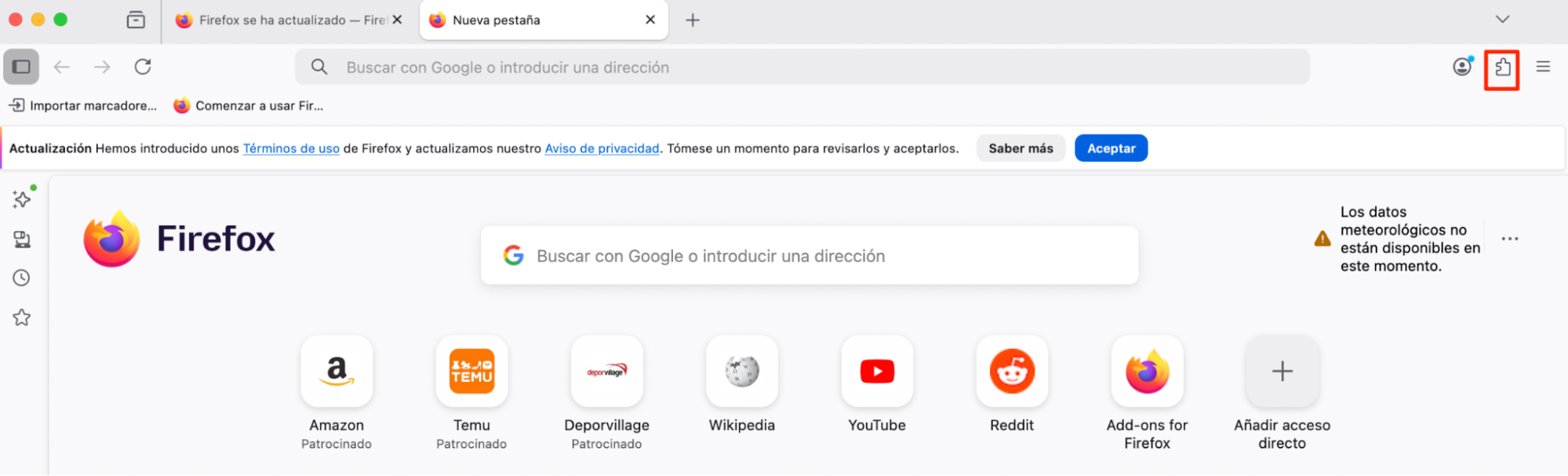 Firefox para Mac, con el botón de Extensiones (pieza de rompecabezas) resaltado. Cómo quitar extensiones, como parte de una guía sobre cómo eliminar las ventanas emergentes falsas de McAfee en Mac.
