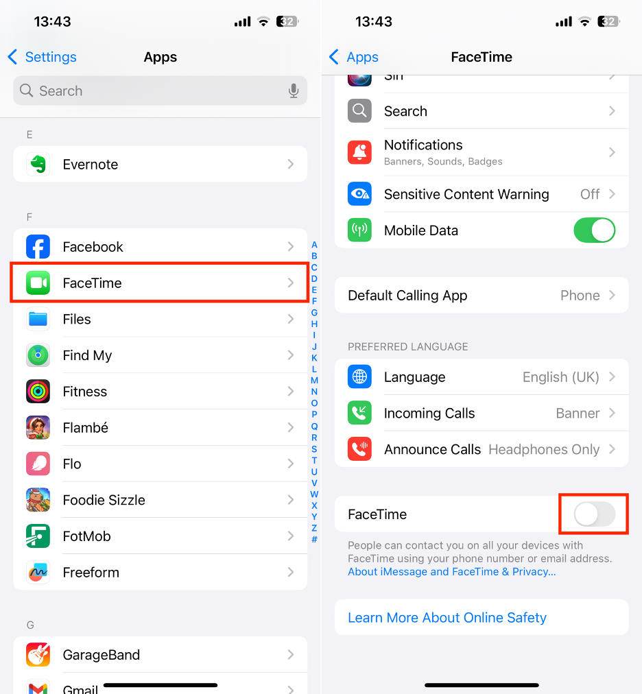 To unlink FaceTime from your iPhone or iPad, find and select FaceTime, then turn off the toggle next to FaceTime.