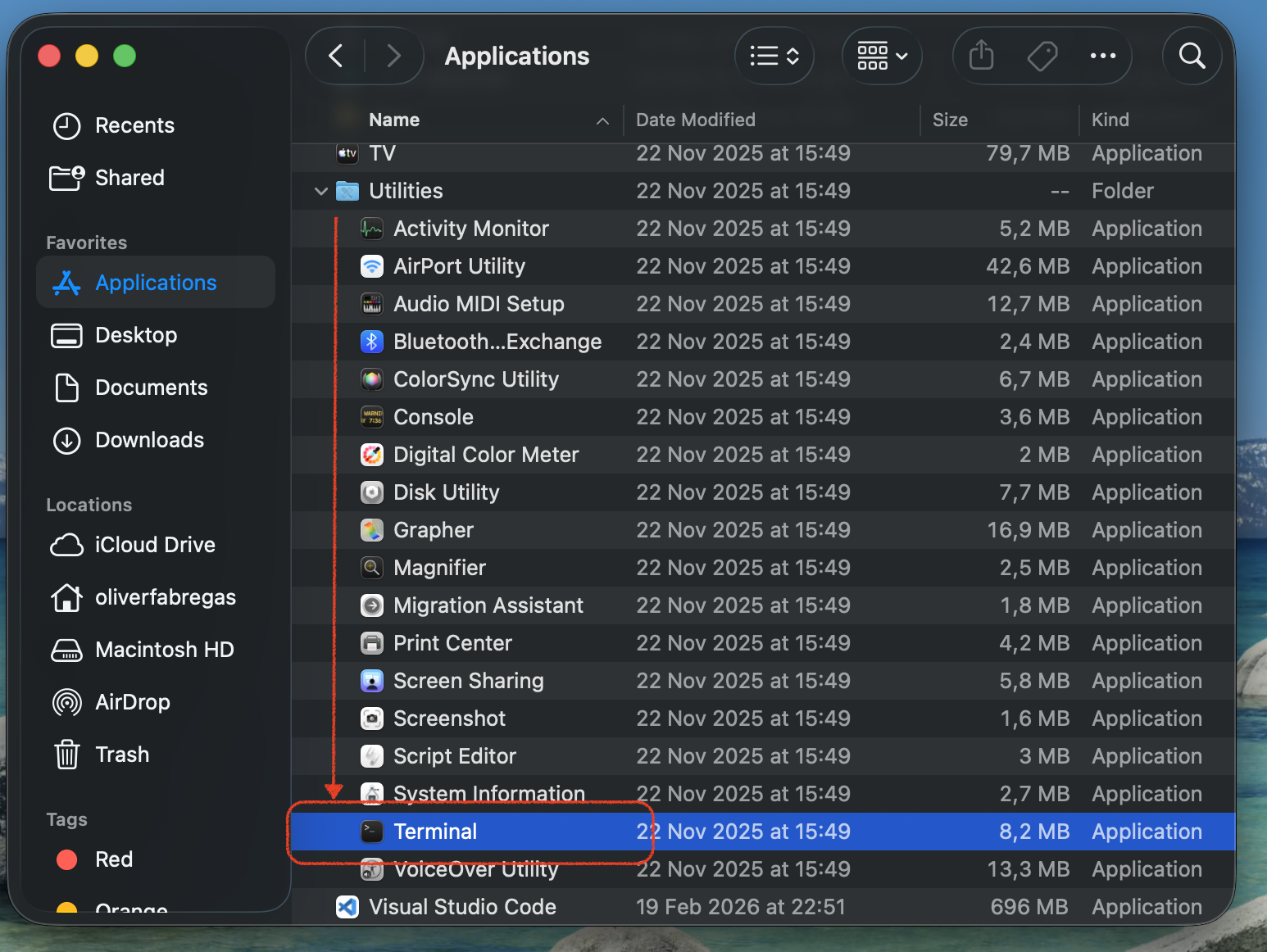 In the Applications folder on a Mac, find the Terminal app and click to open it.