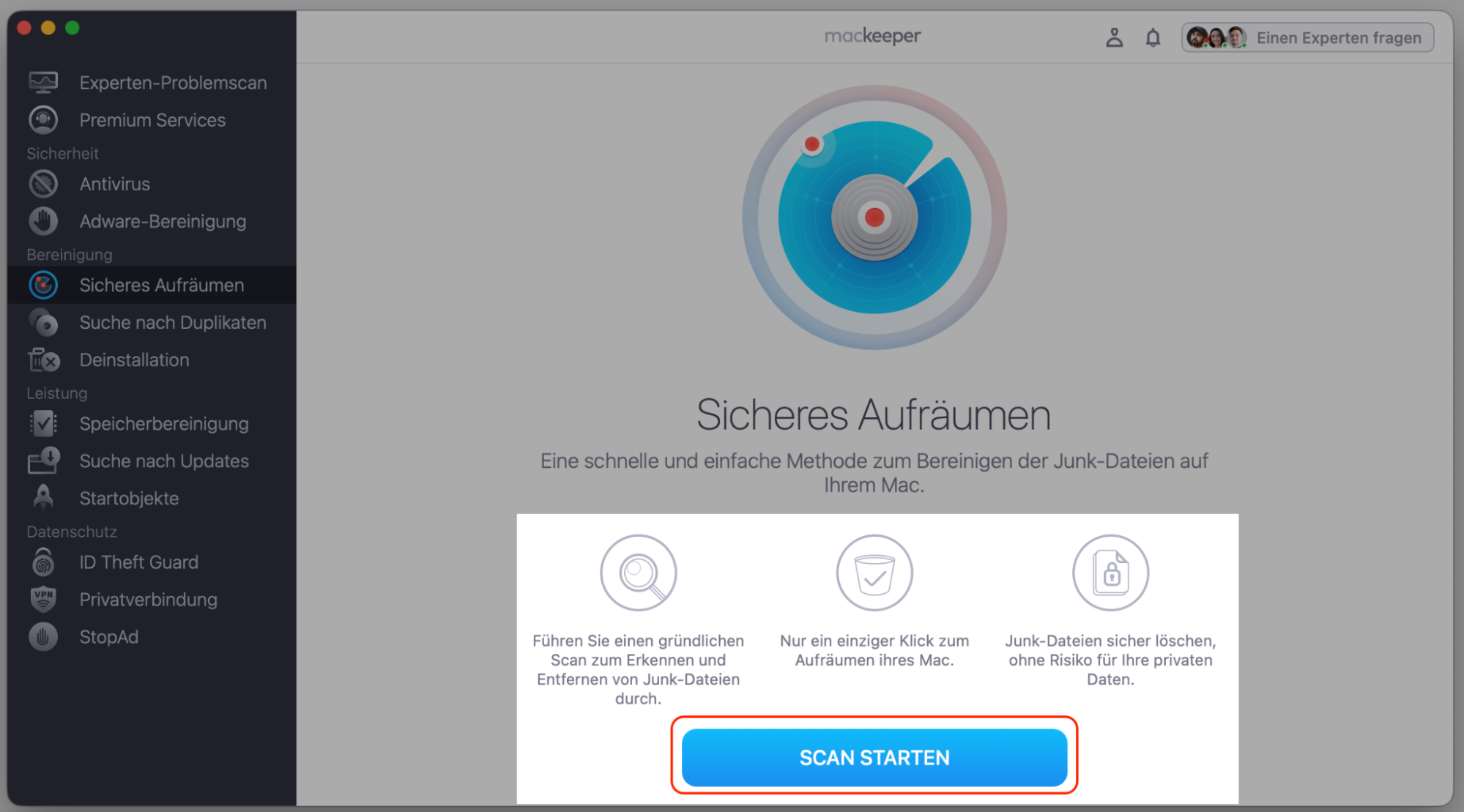 Startbildschirm der Funktion Sicheres Aufräumen in MacKeeper mit hervorgehobener Schaltfläche Scan starten.