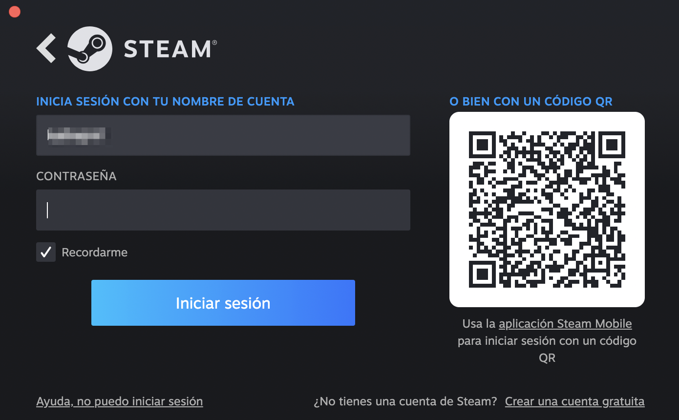 Ventana de inicio de Steam en macOS pidiendo a los usuarios que inicien sesión o creen una cuenta gratuita. Introduce los datos de tu cuenta, haz clic en Recordarme si quieres guardarlos y, a continuación, haz clic en Iniciar sesión.