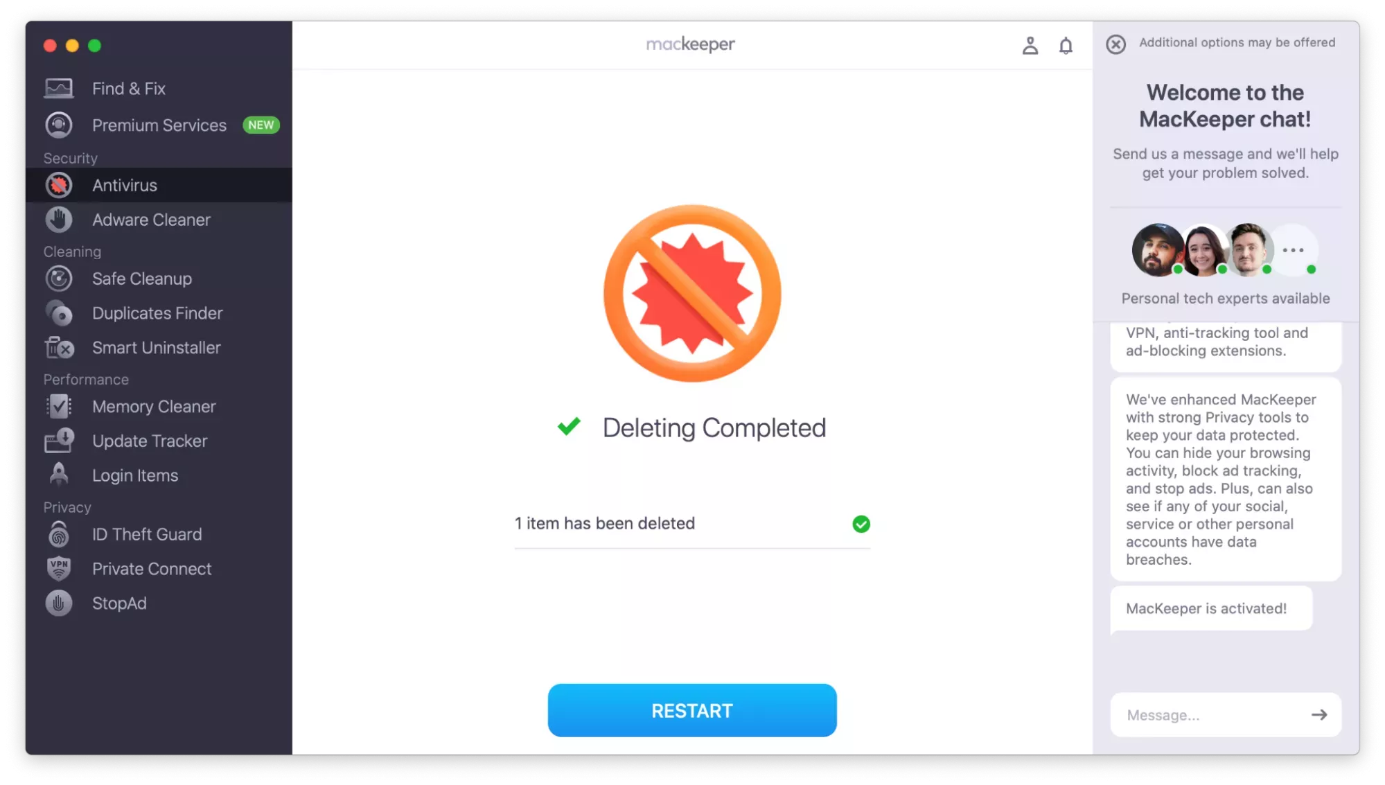 The Antivirus tool in MacKeeper on Mac. After moving any Bundlore threats to quarantine, click Restart.