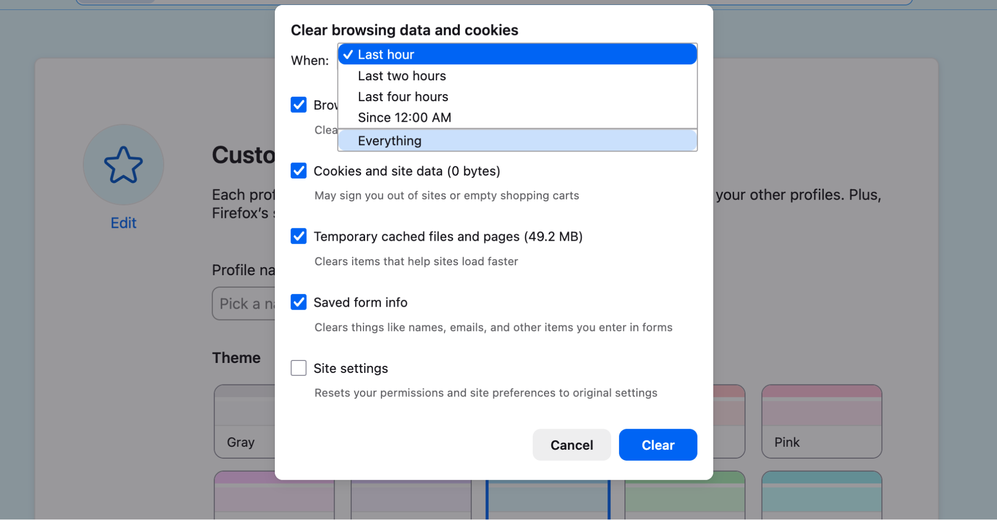 Press Cmd+Shift+Del in Firefox, and it will bring up a 'Clear browsing data and cookies' panel. Select everything, and choose 'Everything' from the drop-down menu at the top. Click the 'Clear' button.