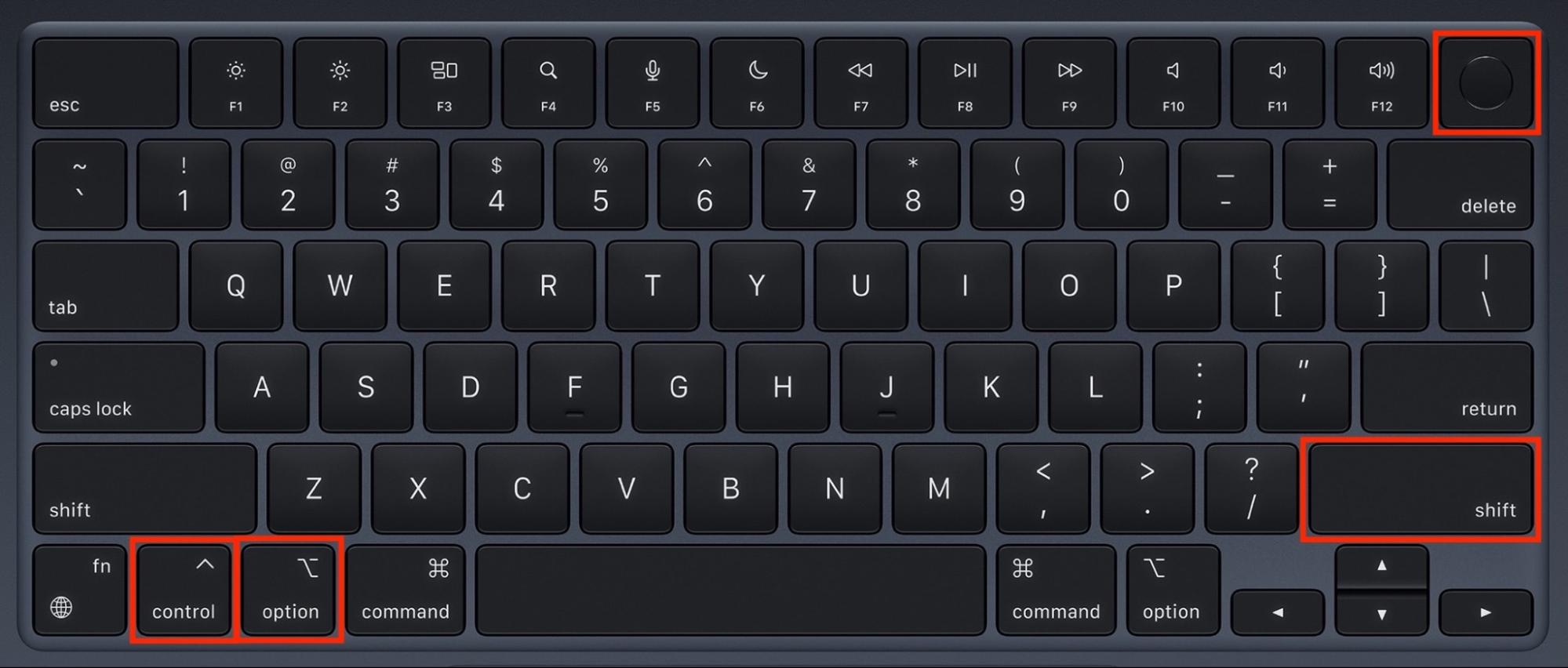 A MacBook keyboard showing which keys should be held to reset the SMC on Mac. You can perform this process to fix certain system errors, including issues with the suggestd process.