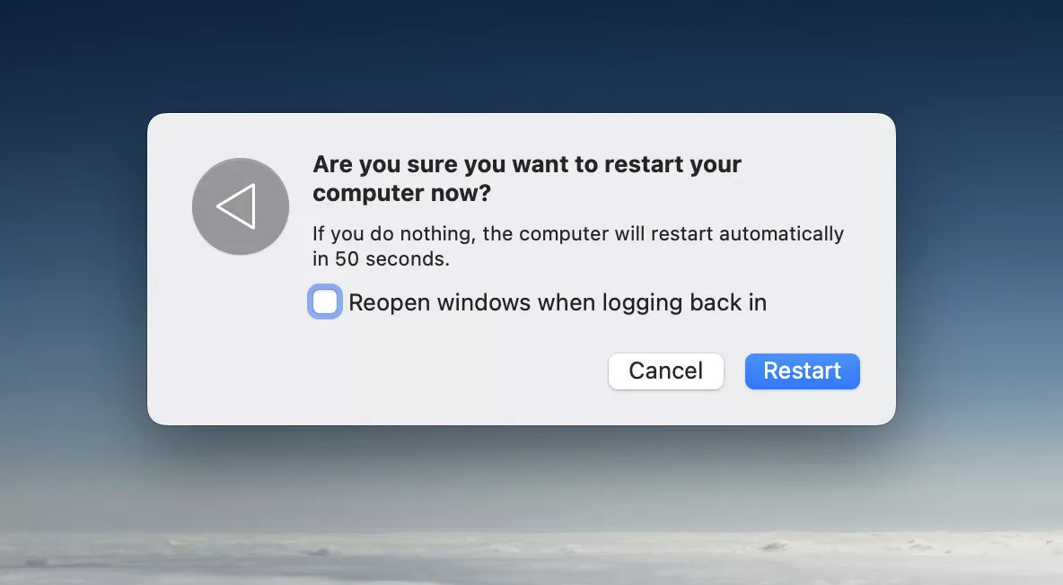 To continue the process of restarting your Mac, click the Restart button when this dialog box appears, asking if you wish to restart your computer now.