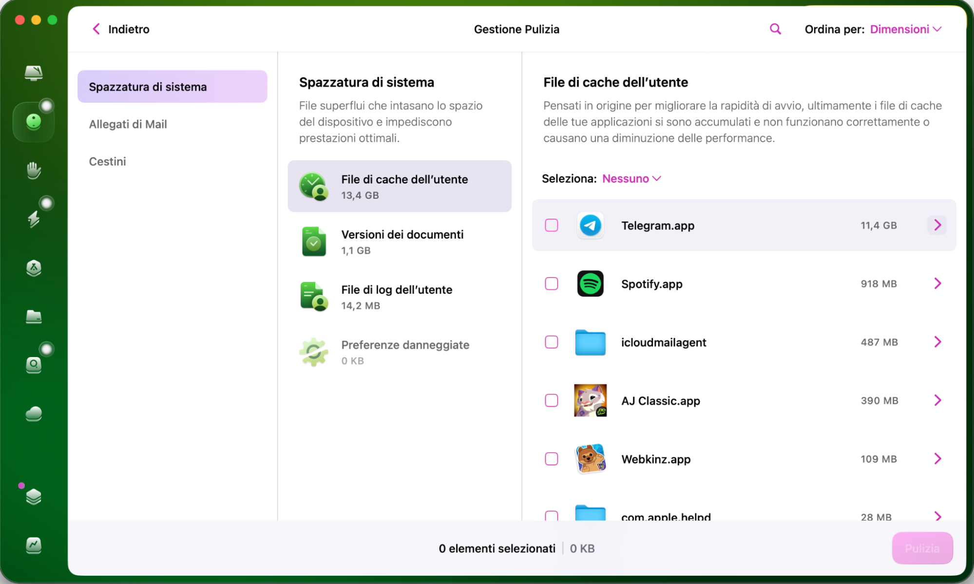La scansione di CleanMyMac è completata e ora puoi vedere il risultato nella finestra Spazzatura di Sistema. Selezionando le caselle sulla sinistra, scegli quali file inutili trovati sul dispositivo verranno eliminati.