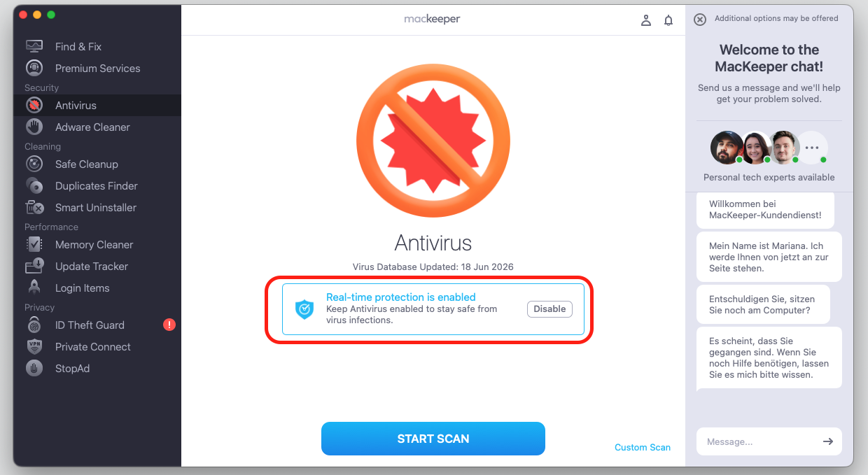 MacKeeper's Antivirus app on a MacBook running macOS Tahoe, with real-time protection enabled and the Start Scan button shown.