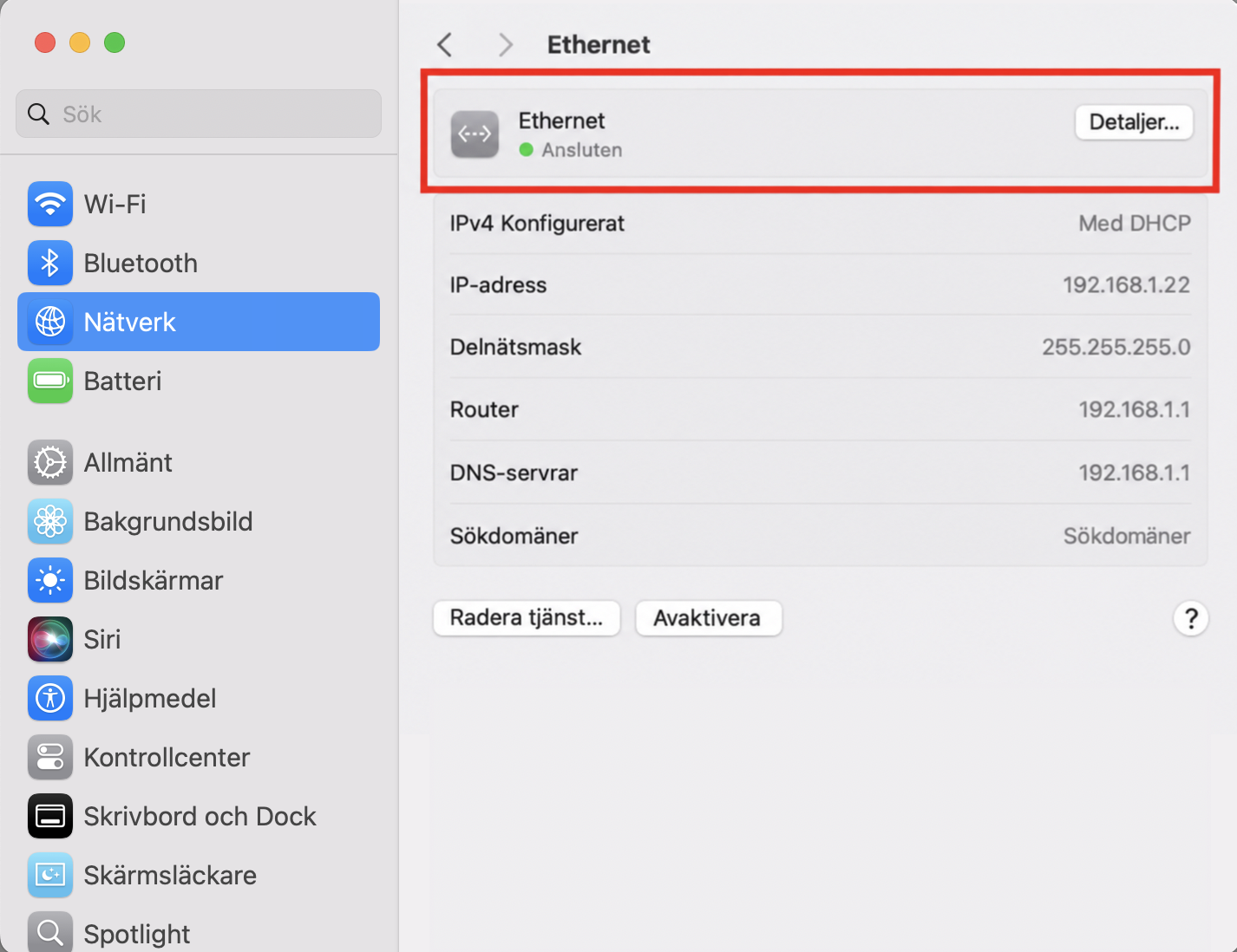 Precis som när du stänger av Wi-Fi kan du inaktivera din Macs Ethernet-anslutning från Systeminställningar. Klicka på Ethernet.