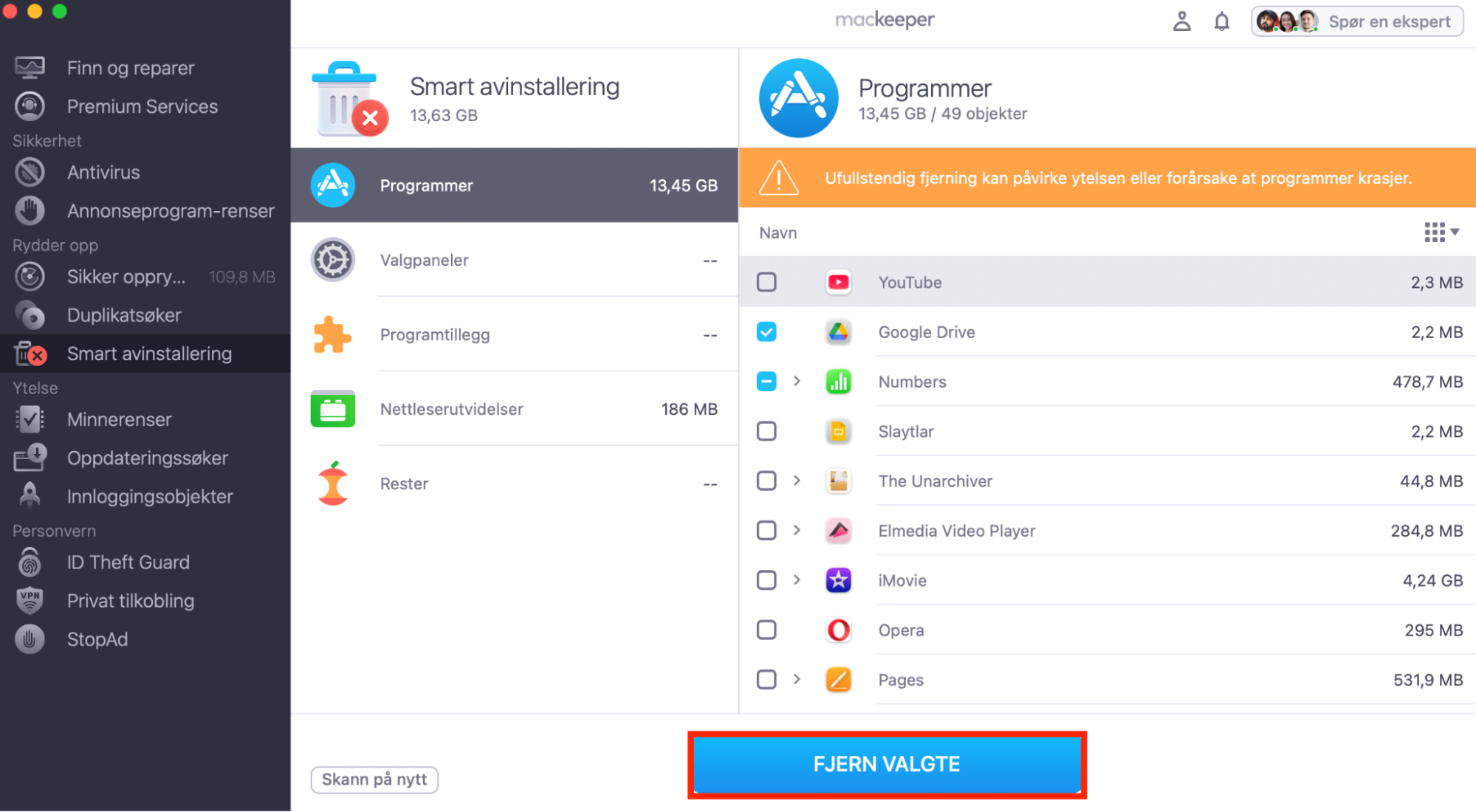 Avinstaller programmer fra fanen Programmer med funksjonen Smart avinstallering i MacKeeper.
