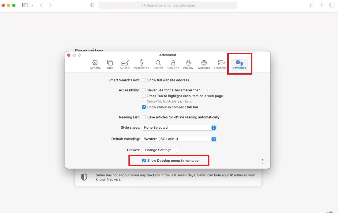 The settings menu shows the Adavanced option, with the Show Develop box at the bottom of the menu to clear Safari cache on Mac. The settings menu shows the Adavanced option, with the Show Develop box at the bottom of the menu to clear Safari cache on Mac.