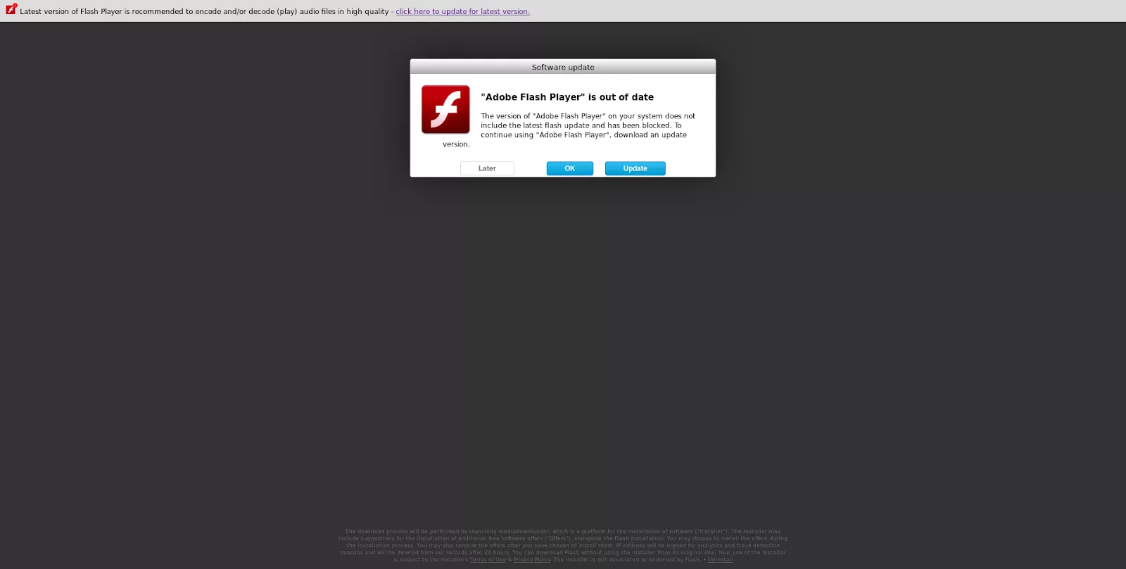 The Bundlore adware on Mac disguised as an Adobe Flash Player update. If you see an alert like this online, close the webpage and move on.