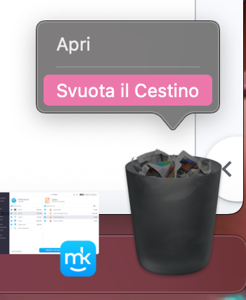 Parte del Dock su un Mac, con il Cestino selezionato. Il menu contestuale è aperto e Svuota Cestino è selezionato. Come eliminare la cache di Mail su Mac.