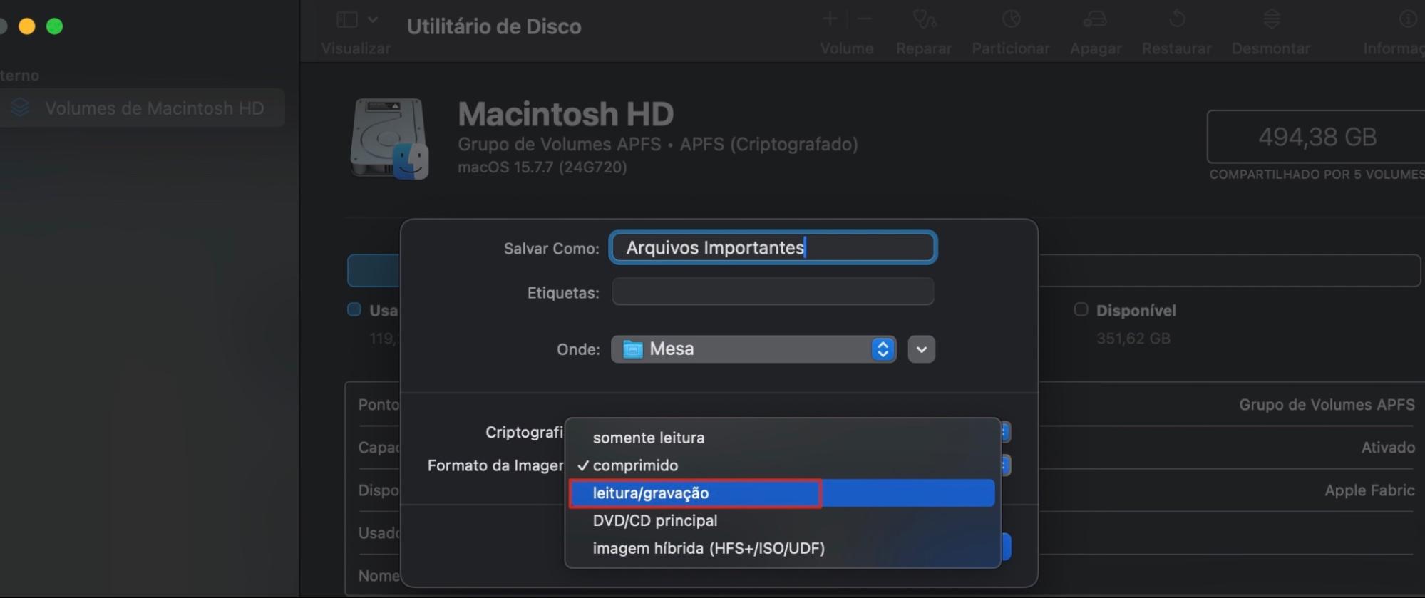 Agora, no Utilitário de Disco, escolha leitura/gravação como tipo de criptografia para proteger o conteúdo selecionado com senha no Mac.