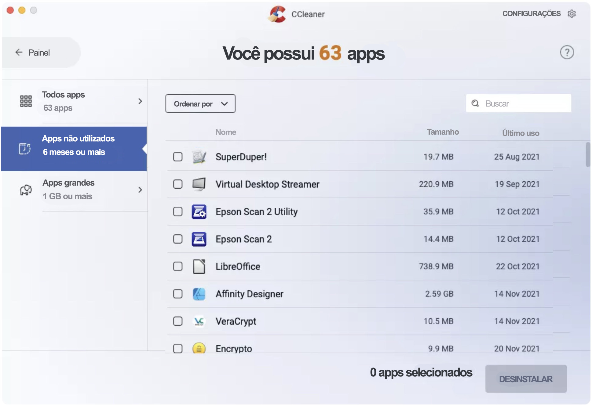 O CCleaner exibe os aplicativos que você pode remover depois de realizar uma verificação do seu dispositivo. Você pode desinstalá-los sem muita dificuldade.