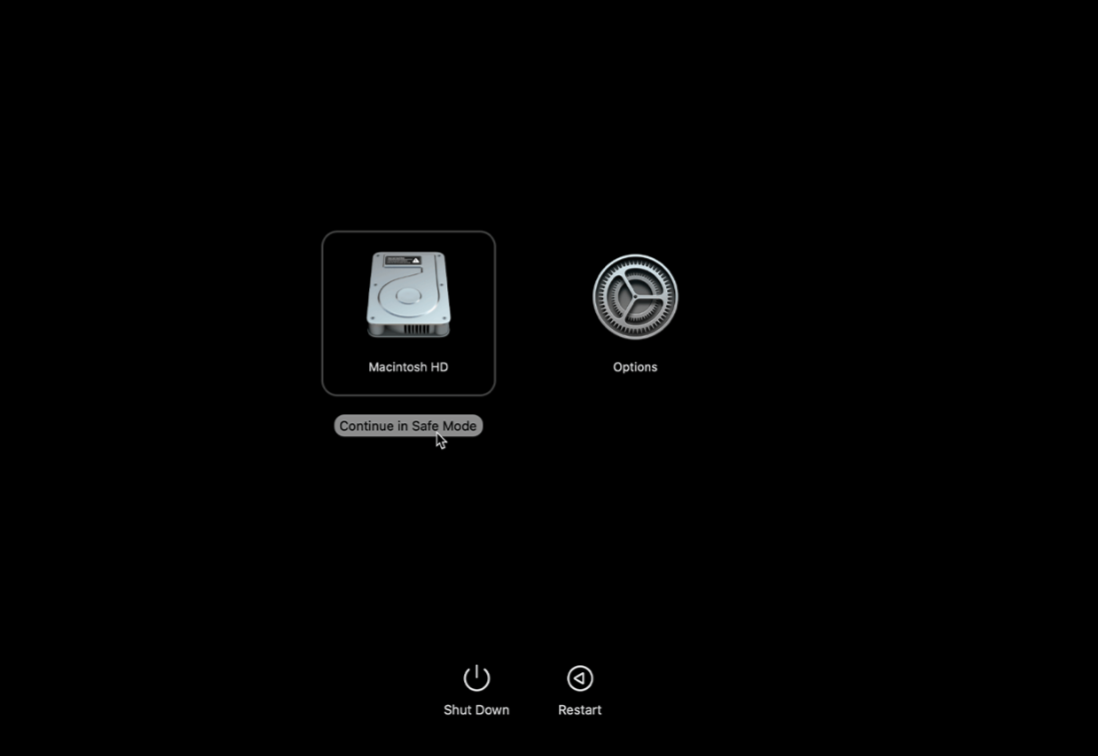 Booting into Sade Mode on an Apple Silicon Mac required you to shut down your Mac. Press the power button until you see the startup options. Click on Options, choose your Startup disk. Hold Shift and Click Continue in Safe Mode. Then release Shift to boot into Safe Mode.
