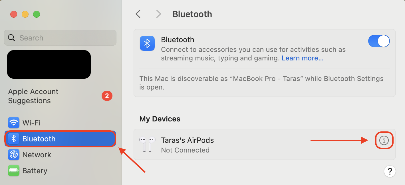 Open System Settings, go to Bluetooth, hover over the device you want to manage, and click the i icon to view or change its settings.