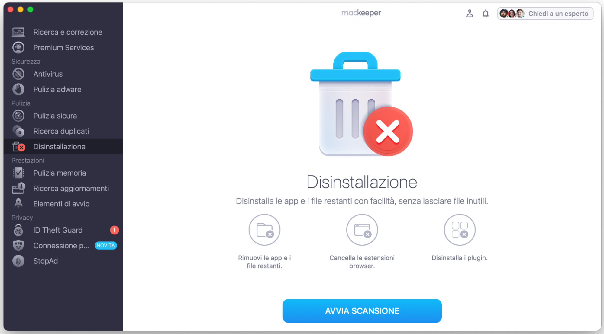 La funzione Disinstallazione di MacKeeper può rimuovere ogni tipo di dato dal tuo Mac, incluse le app che potrebbero nascondere malware.