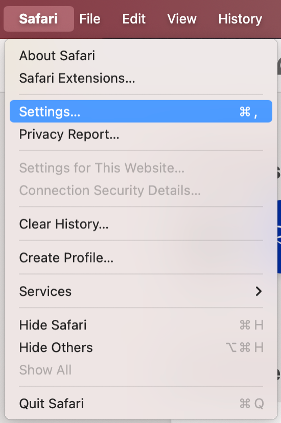 To clear Safari data and fix the application Safari is not open anymore issue on your Mac, launch Safari, click Safari in the menu bar, and select Settings.