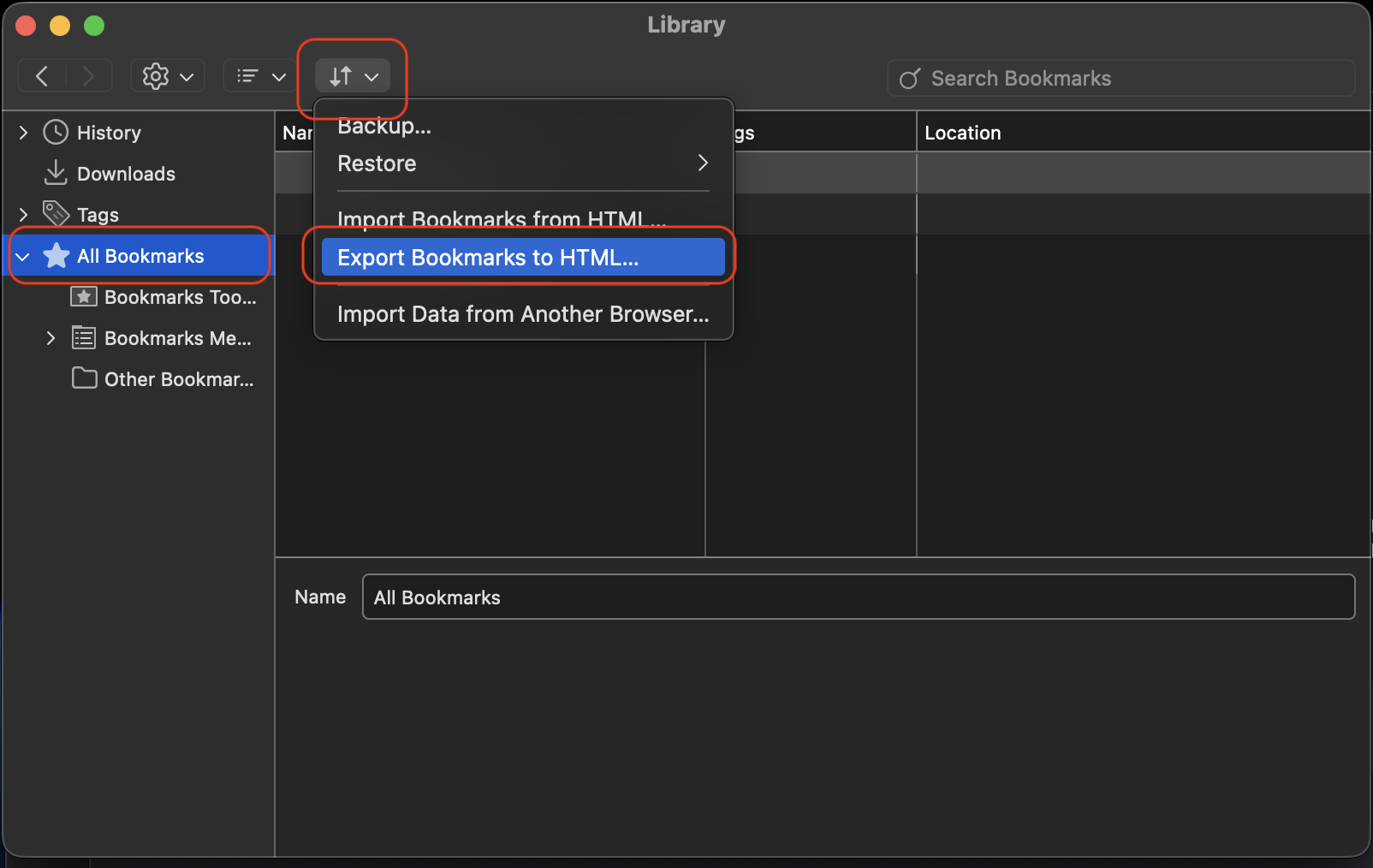 To finalize the export of bookmarks in Firefox on your MacBook, choose 'All Bookmarks' and then find the option 'Export Bookmarks to HTML,'
