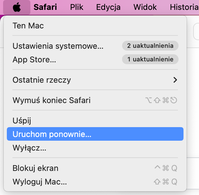 Aby uruchomić Maca ponownie i rozwiązać problem z zawieszającymi się lub wolno uruchamiającymi się programami, musisz kliknąć ikonę Apple i wybrać Uruchom ponownie.