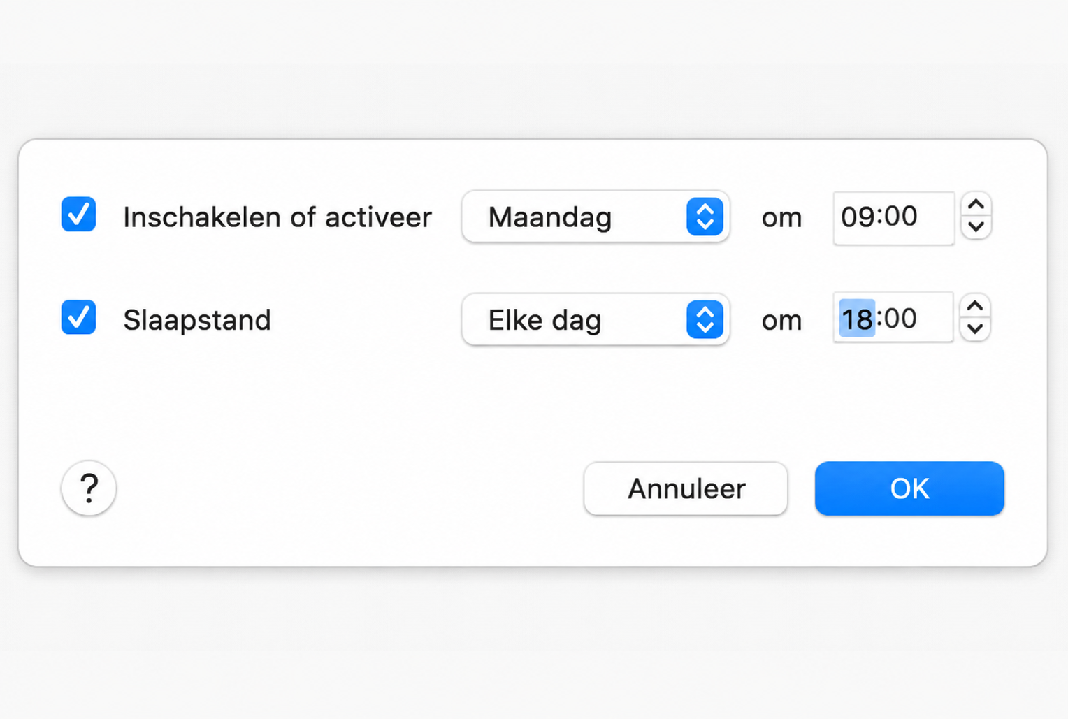 Klik na het instellen van je planning gewoon op de knop 'OK', en je Mac start of gaat in slaapstand op de ingestelde tijden.