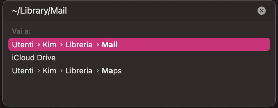 Il campo Vai alla cartella nel Finder su Mac. Il percorso ~/Library/Mail è mostrato. Secondo passaggio della guida per cancellare manualmente la cache di Mail sul Mac.