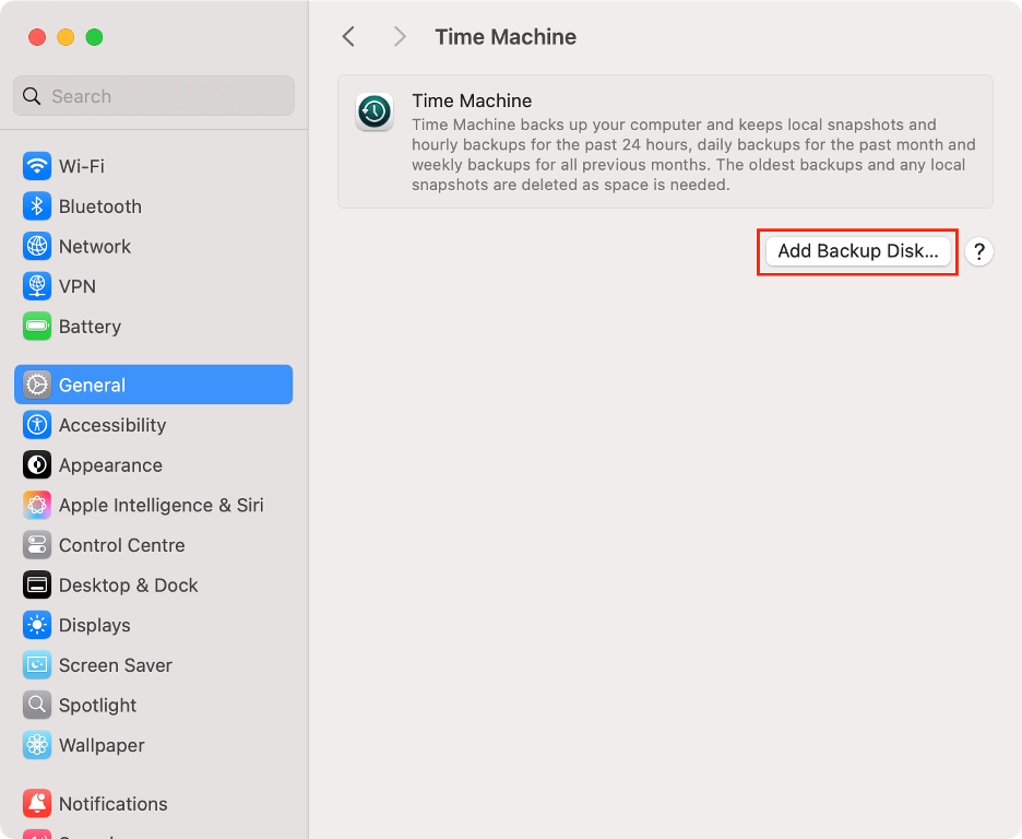 To use Time Machine to fix the diskimagesiod high CPU usage error on your Mac, click Add Backup Disk in System Settings.