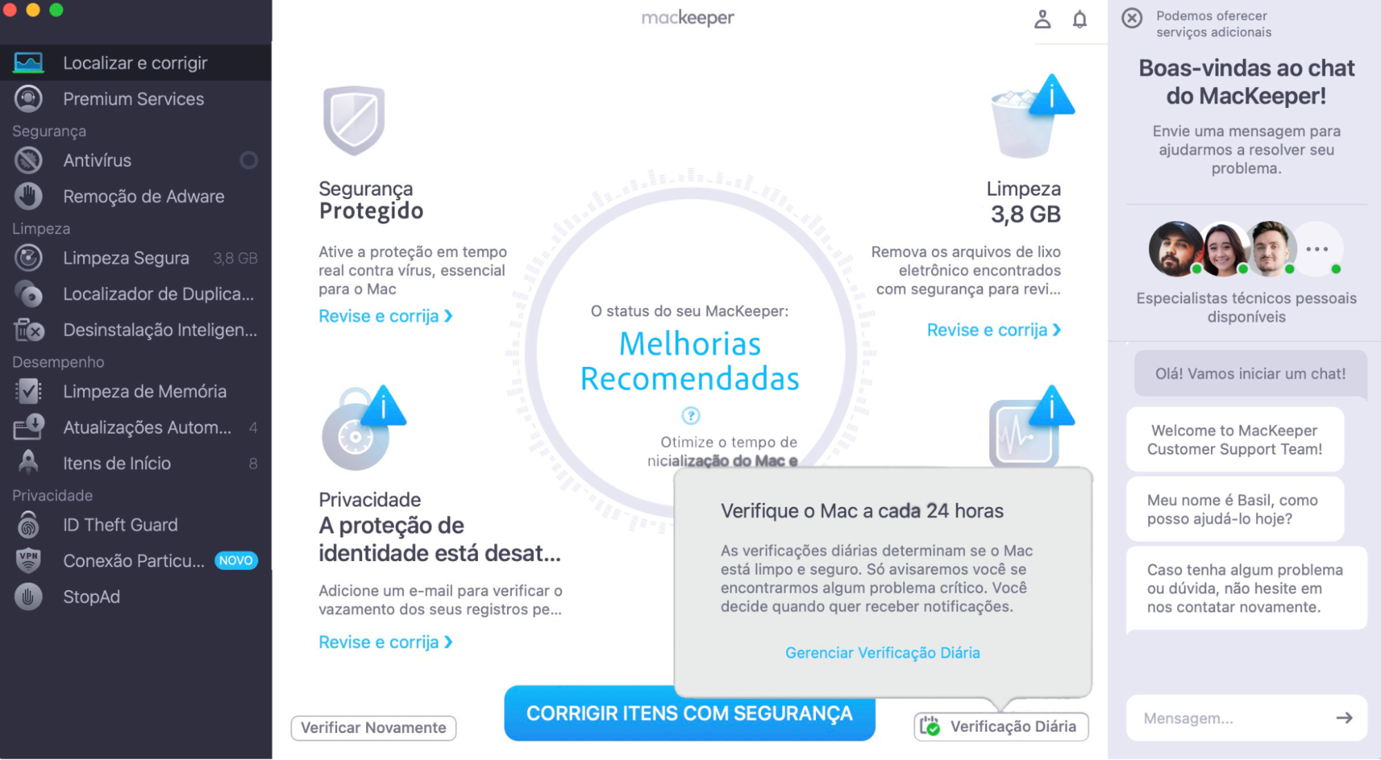 Clique em Verificação Diária no canto inferior direito para um escaneamento diário do Mac em busca de problemas.