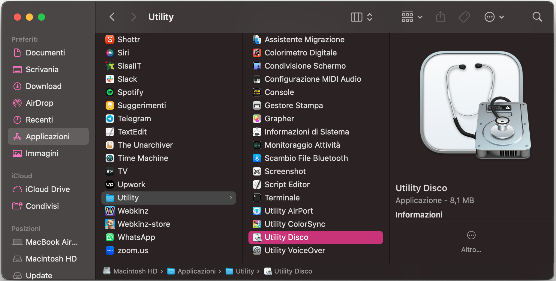 Utility Disco nella cartella Utility su Mac. Usa lo strumento S.O.S. per riparare i permessi del disco.