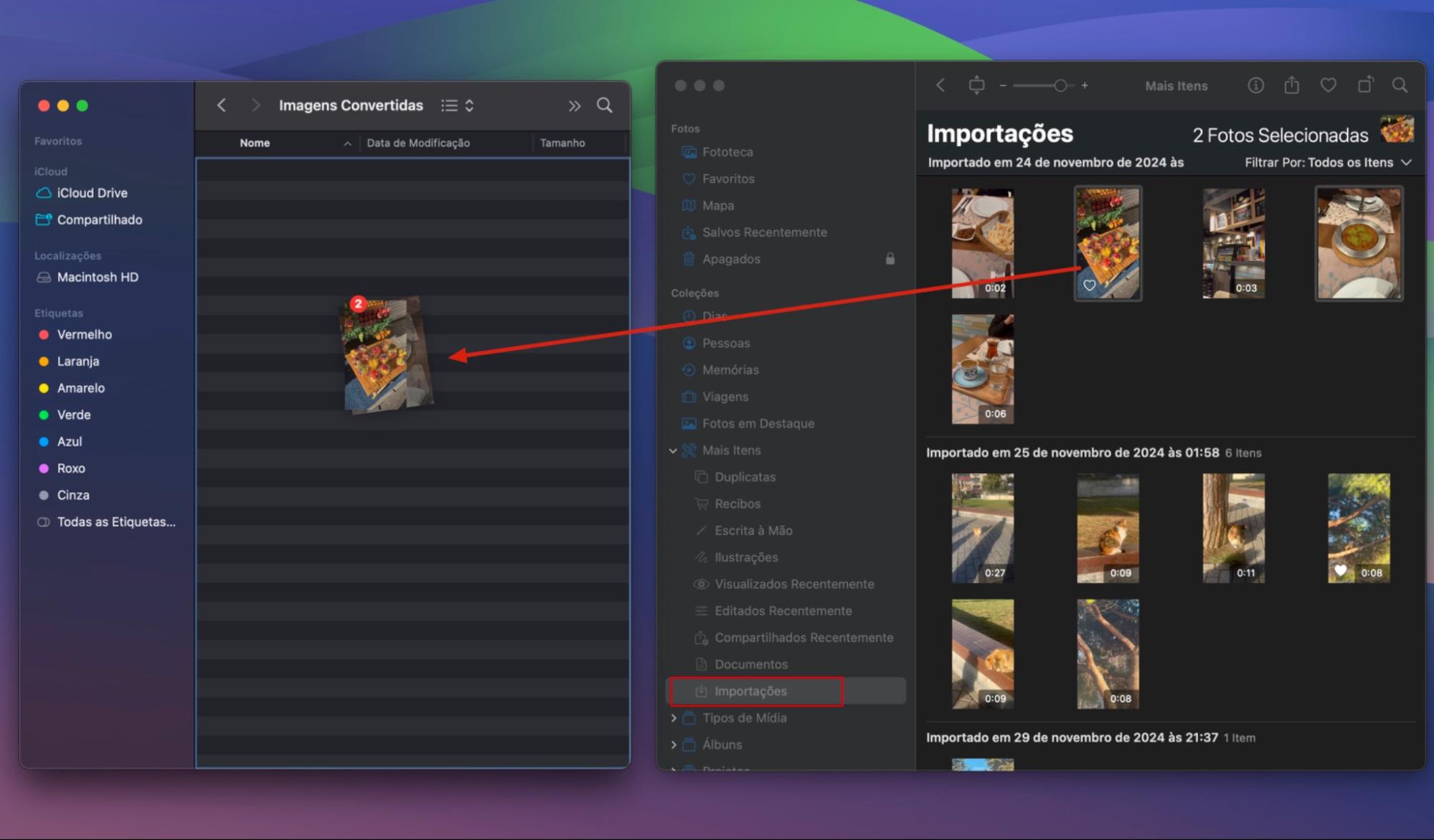 Converta facilmente suas imagens de HEIC para JPG importando-as para o aplicativo Fotos. A partir daqui, você pode arrastar e soltá-las no Finder. Elas se tornarão automaticamente arquivos JPG.