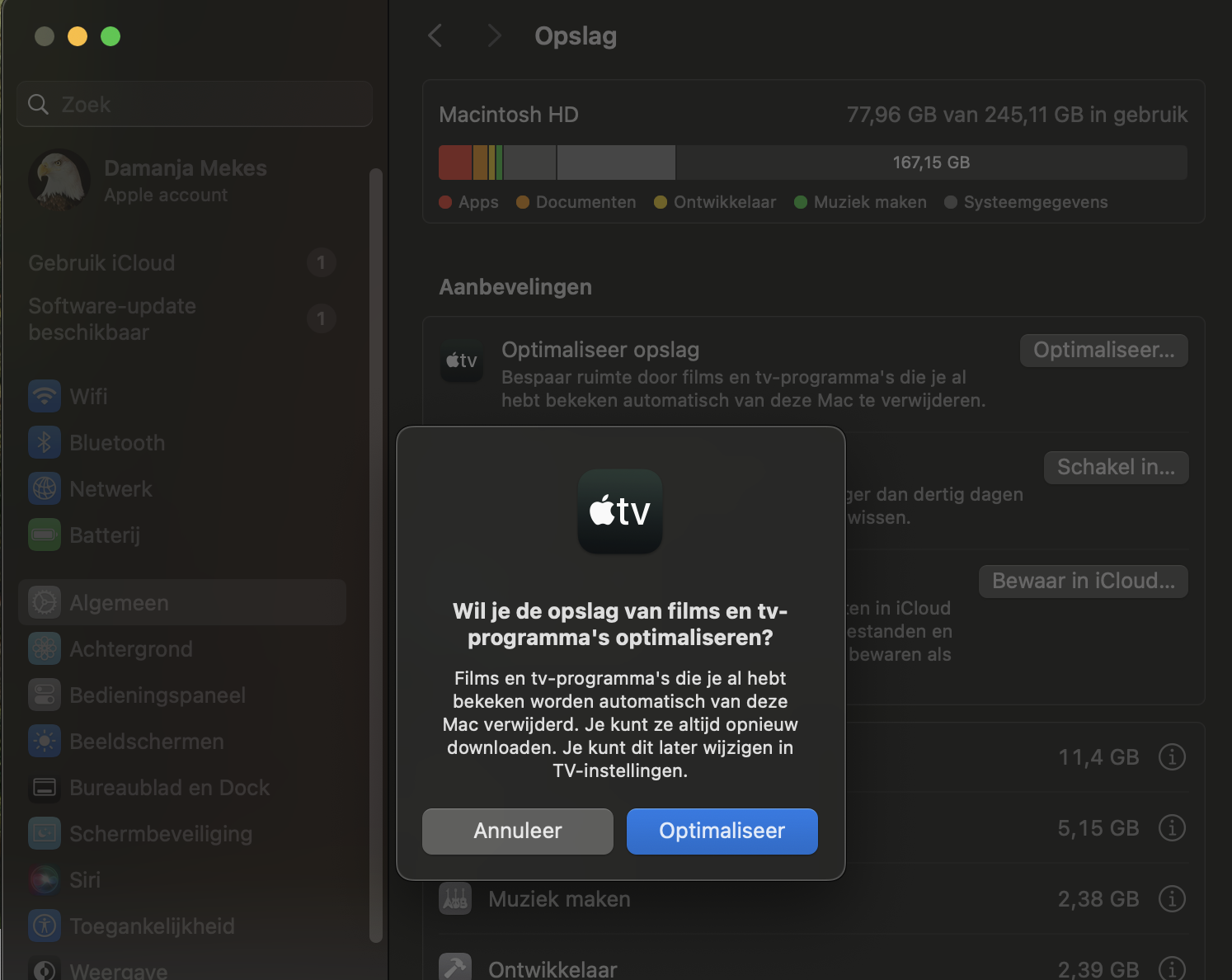 Nadat je Geoptimaliseerde opslag hebt ingeschakeld, moet je je keuze bevestigen. Klik hiervoor op de blauwe knop Optimaliseer om dit te activeren.