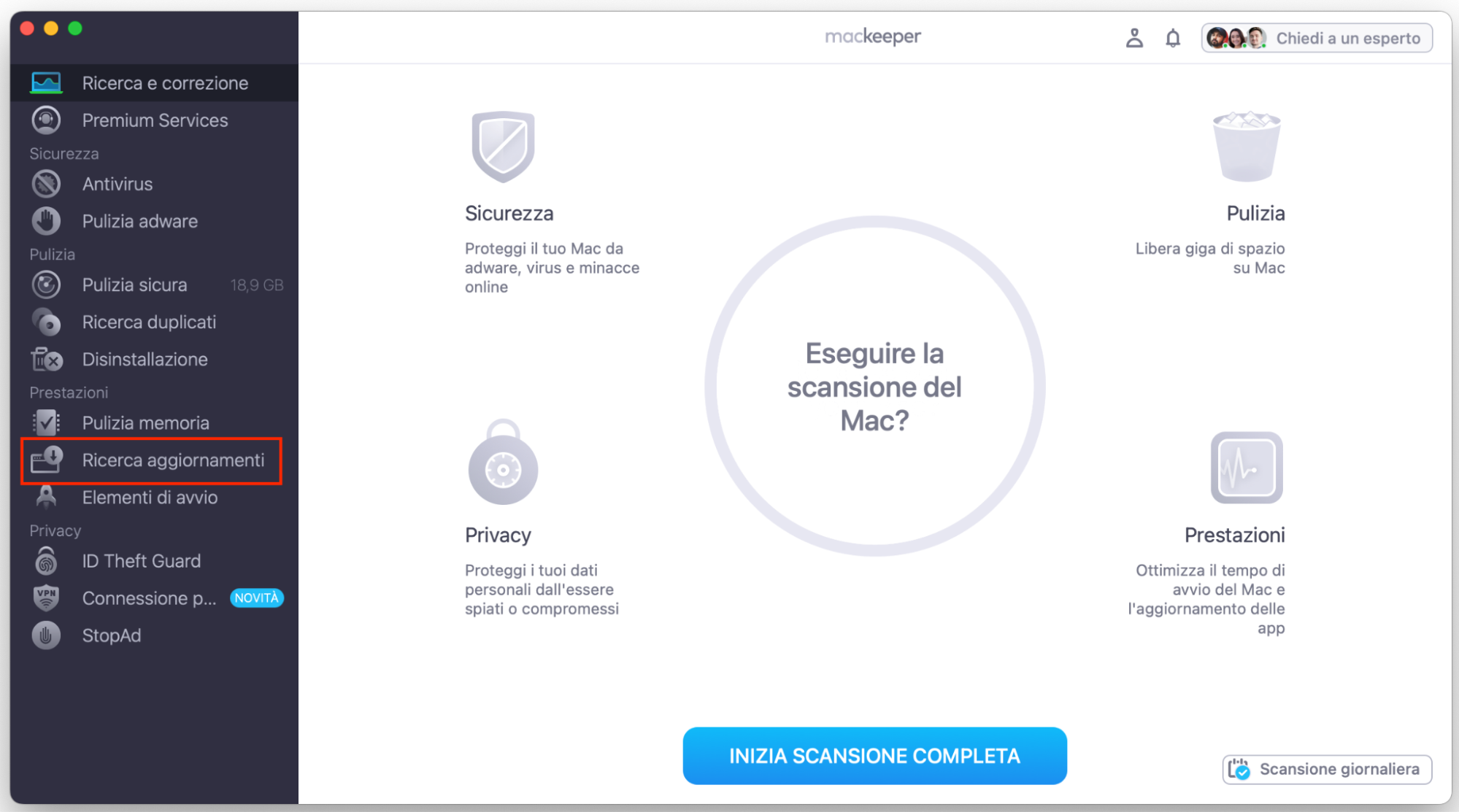Se c’è un’applicazione che non risponde su Mac, potrebbe essere necessario aggiornarla. Inizia aprendo MacKeeper e selezionando Ricerca Aggiornamenti.