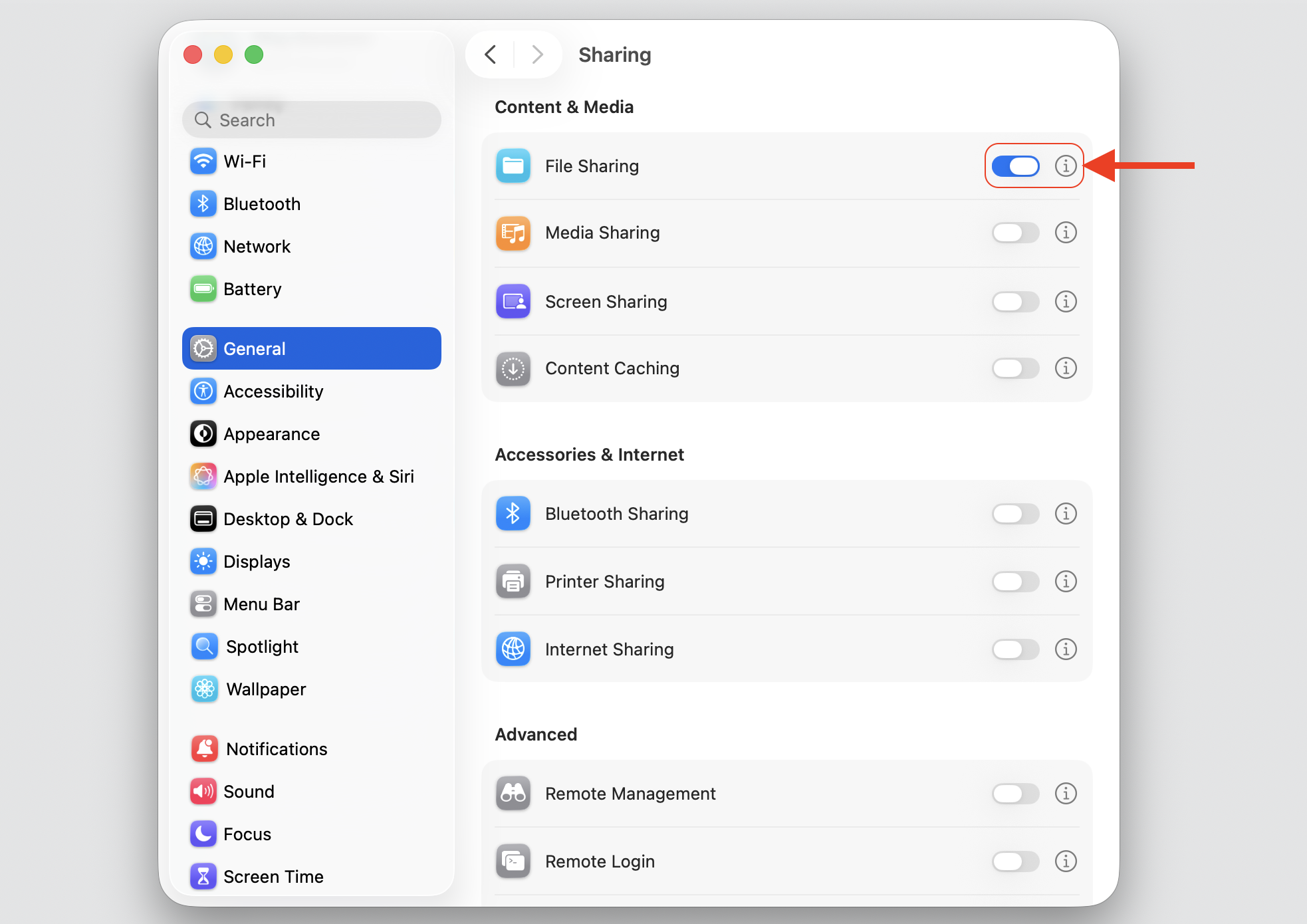 The Sharing pane in macOS, where you turn on the File Sharing toggle and click the info (i) icon to open SMB options for Windows.