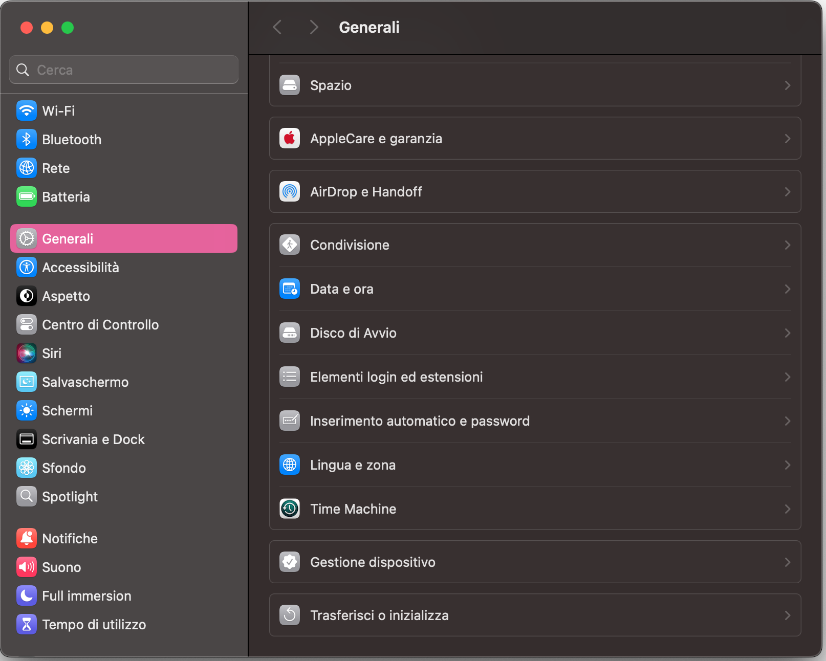 Per riparare file danneggiati usando il backup di Time Machine su Mac, trova prima l’app Time Machine nella scheda Generali delle Impostazioni di Sistema.