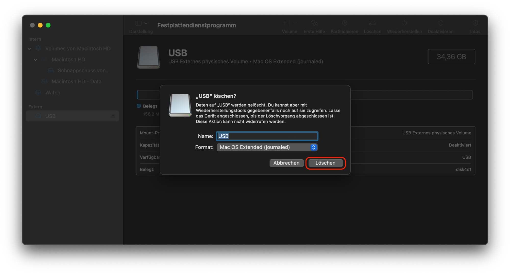 Um die USB-Formatierung abzuschließen, klicken Sie im Popup-Fenster, das auf Ihrem Mac-Bildschirm erscheint, auf die Option Löschen.