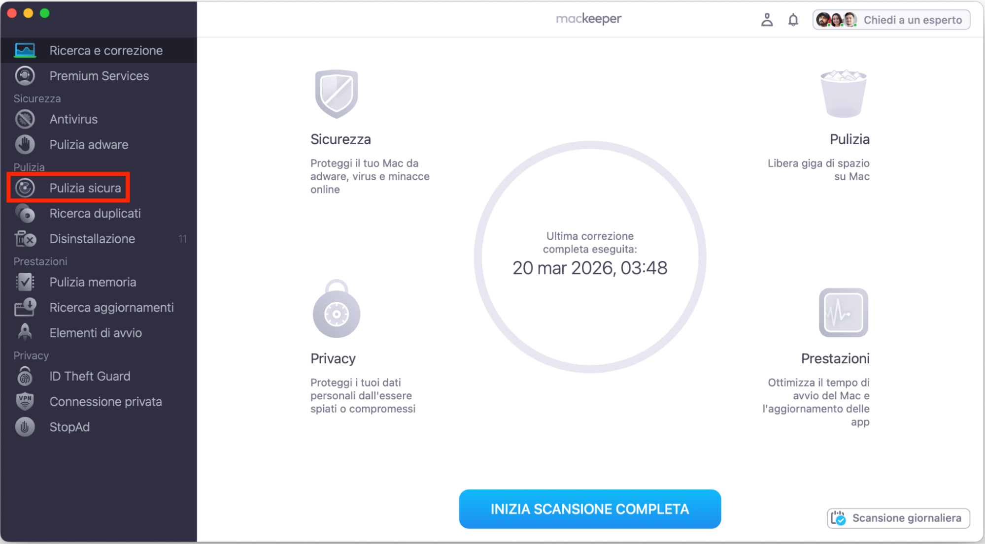 Schermata iniziale Ricerca e Correzione di MacKeeper con Pulizia Sicura evidenziato nella barra laterale. Primo passaggio per cancellare la cache di Mail su Mac: utilizzare un pulitore per Mac.