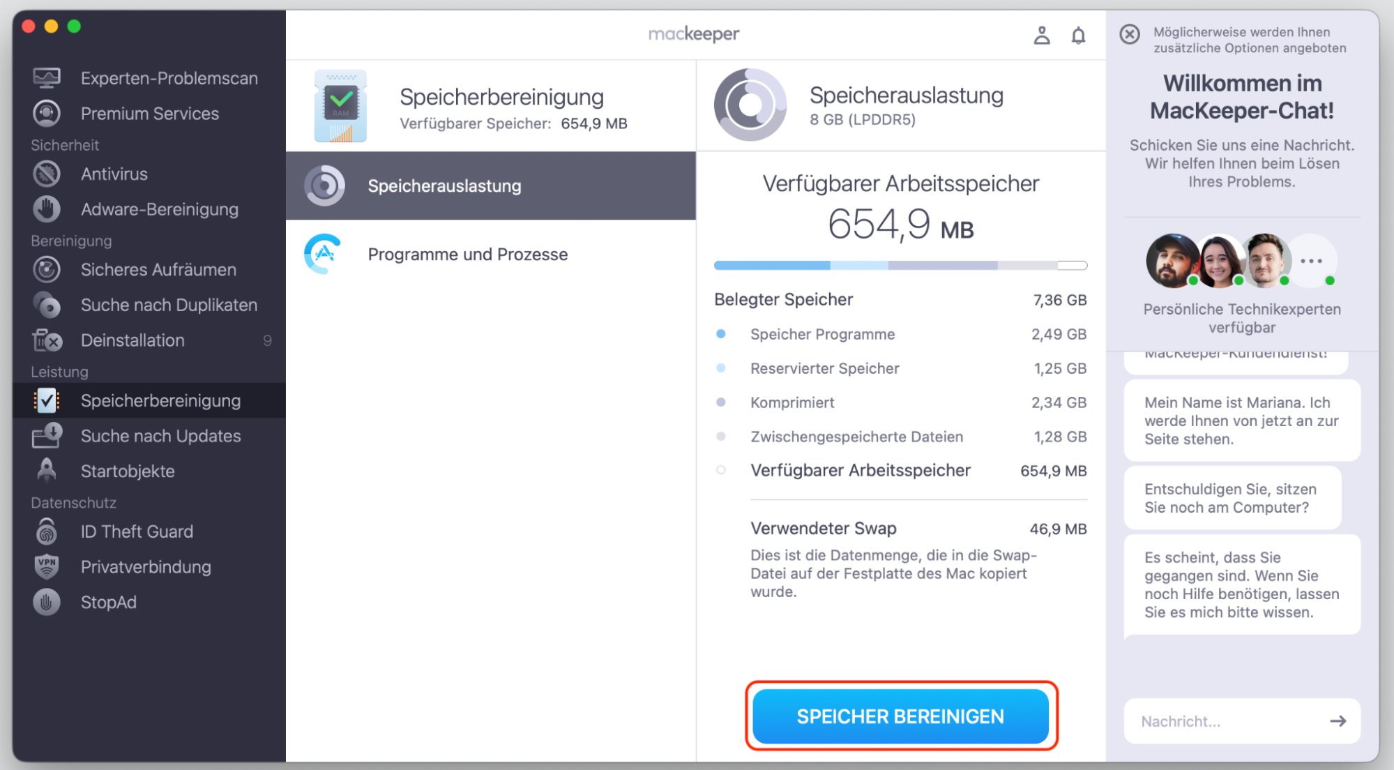 Klicken Sie von dort auf Speicher bereinigen, um den Arbeitsspeicher Ihres Mac sofort freizugeben.