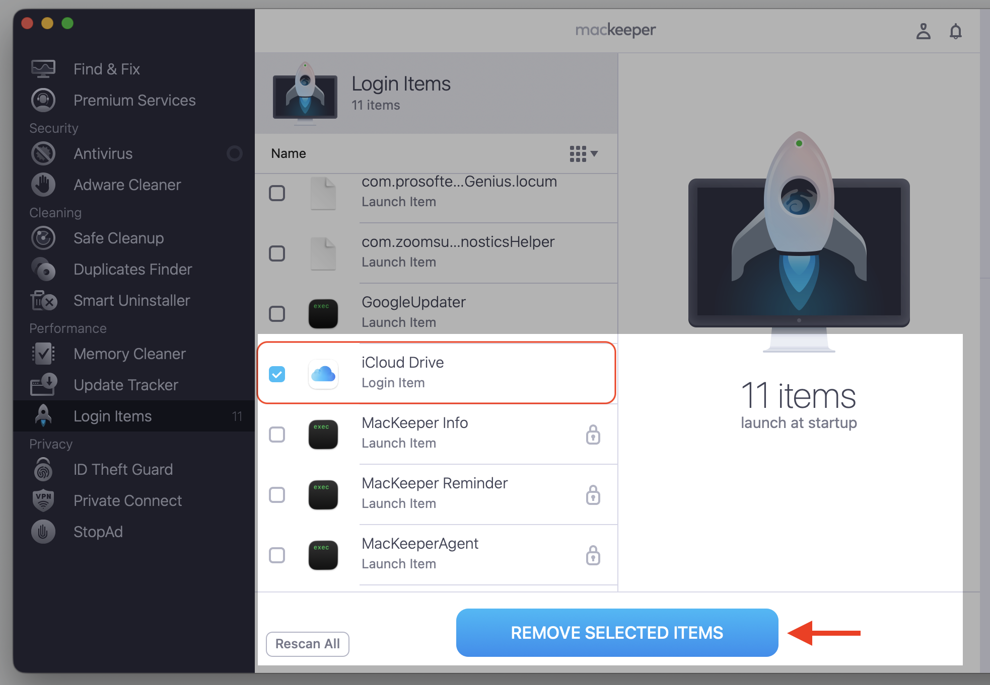 MacKeeper's Login Items list on macOS, with iCloud Drive ticked among the list of aunch-at-startup apps and the Remove Selected Items button below.