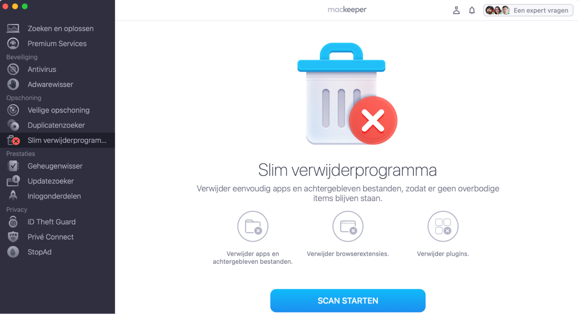 Om browserextensies op je MacBook te zoeken, klik je in ‘Slimme de-installatie’ in de MacKeeper-app op de knop ‘Start scan’.