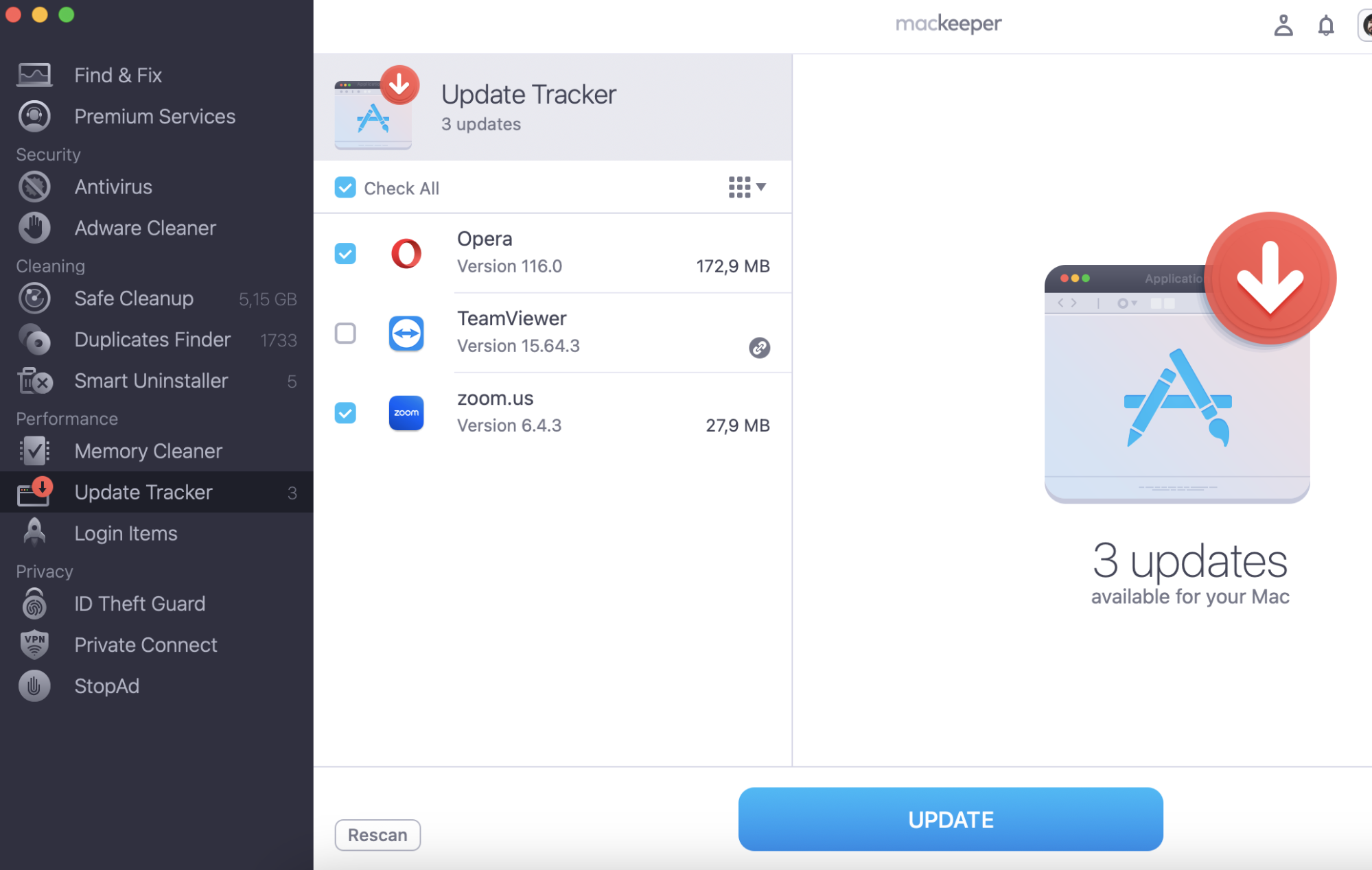 When the scan is finished, MacKeeper's Update Tracker will show you the list of available updates. Select what to update and click Update.