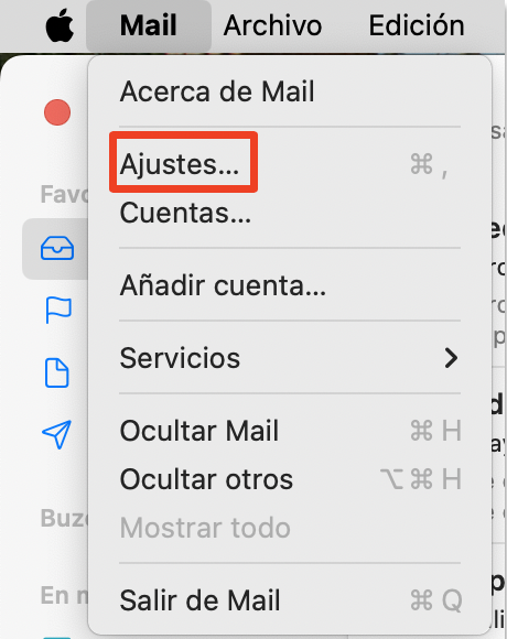 El menú Mail en la aplicación Mail de Apple con Ajustes resaltado. Cómo eliminar el caché de mail en Mac: reducir el espacio que utiliza Mail.
