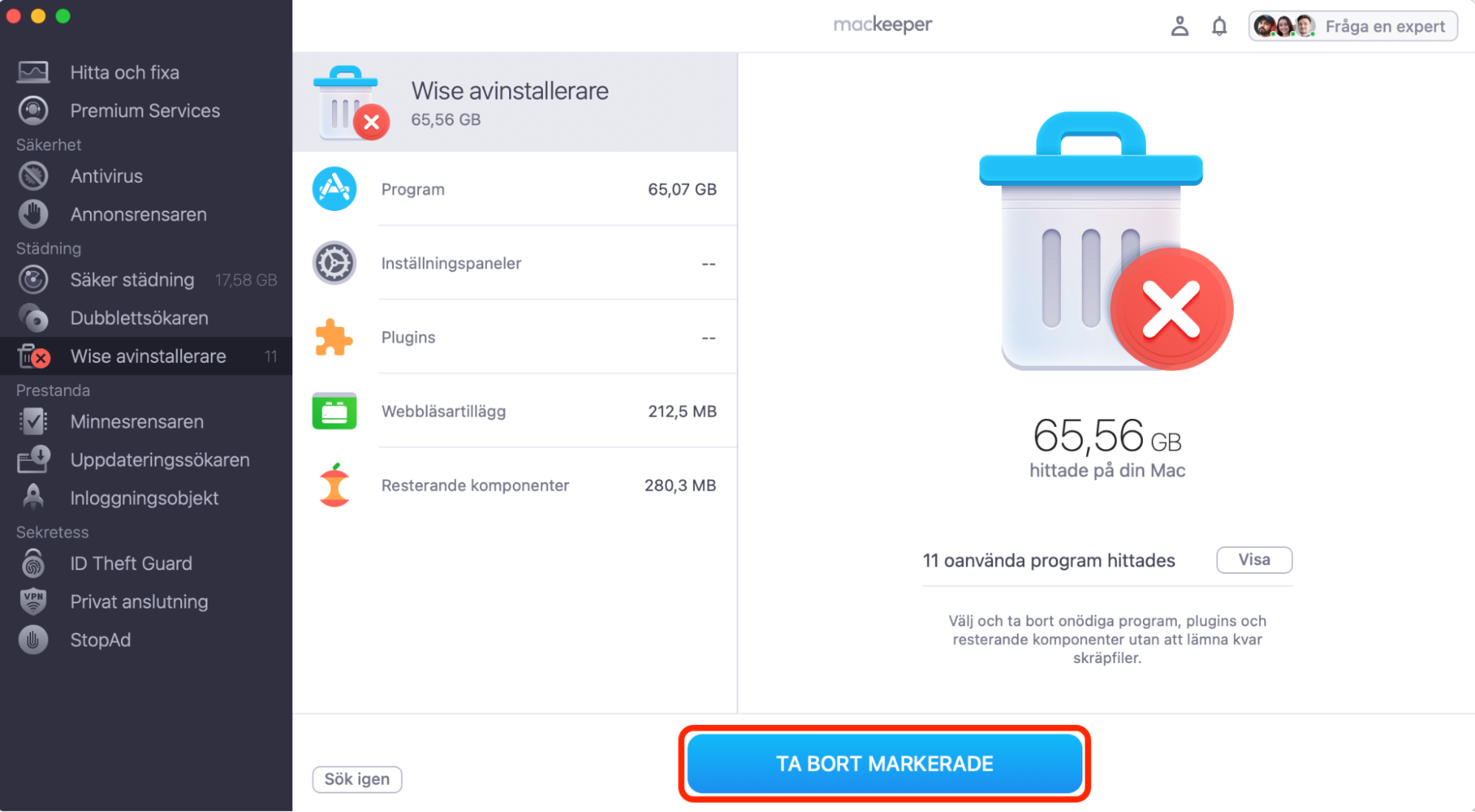 Avinstallera program med funktionen Wise avinstallerare i MacKeeper.