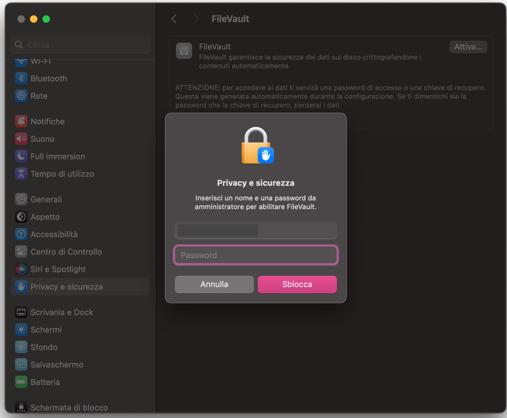 Inserisci la password di amministratore e fai clic su Disattiva FileVault