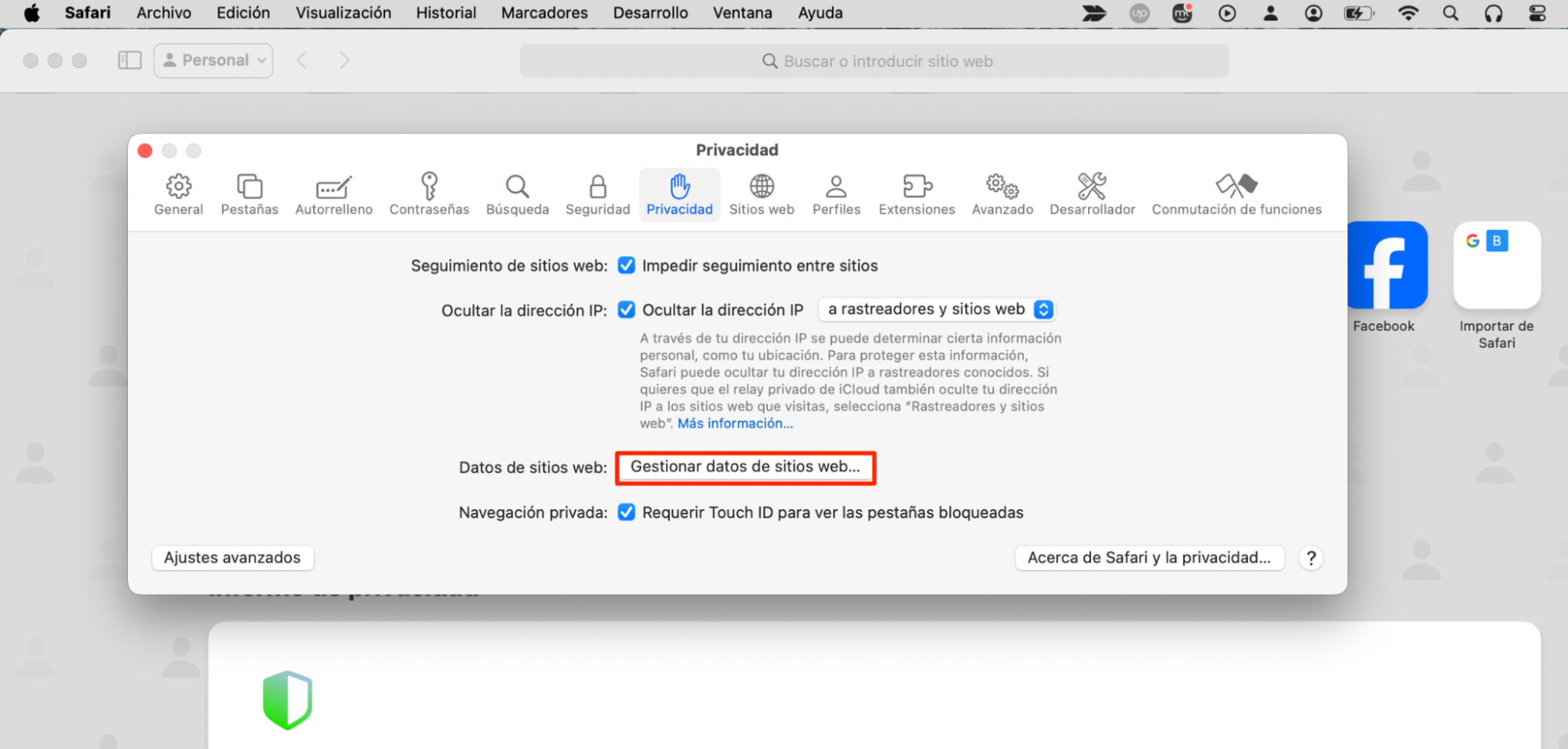 El menú de Ajustes de privacidad de Safari. Gestionar datos de sitios web está resaltado. Cómo restablecer Safari, como parte de una guía sobre cómo eliminar las ventanas emergentes falsas de McAfee en Mac.