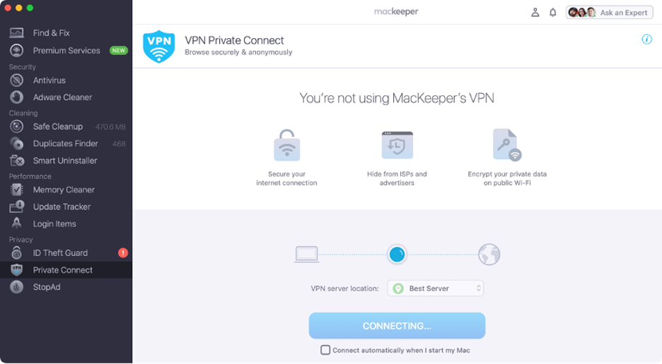 To start using MacKeeper’s Private Connect on your Mac, wait while the VPN is connecting.